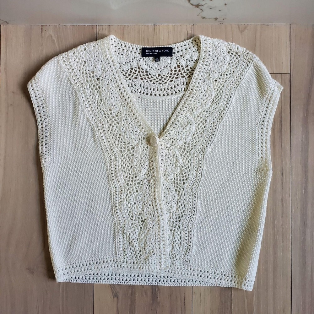 Jones New York Signature Sweater Vest Womens M White Crochet Open Knit Button